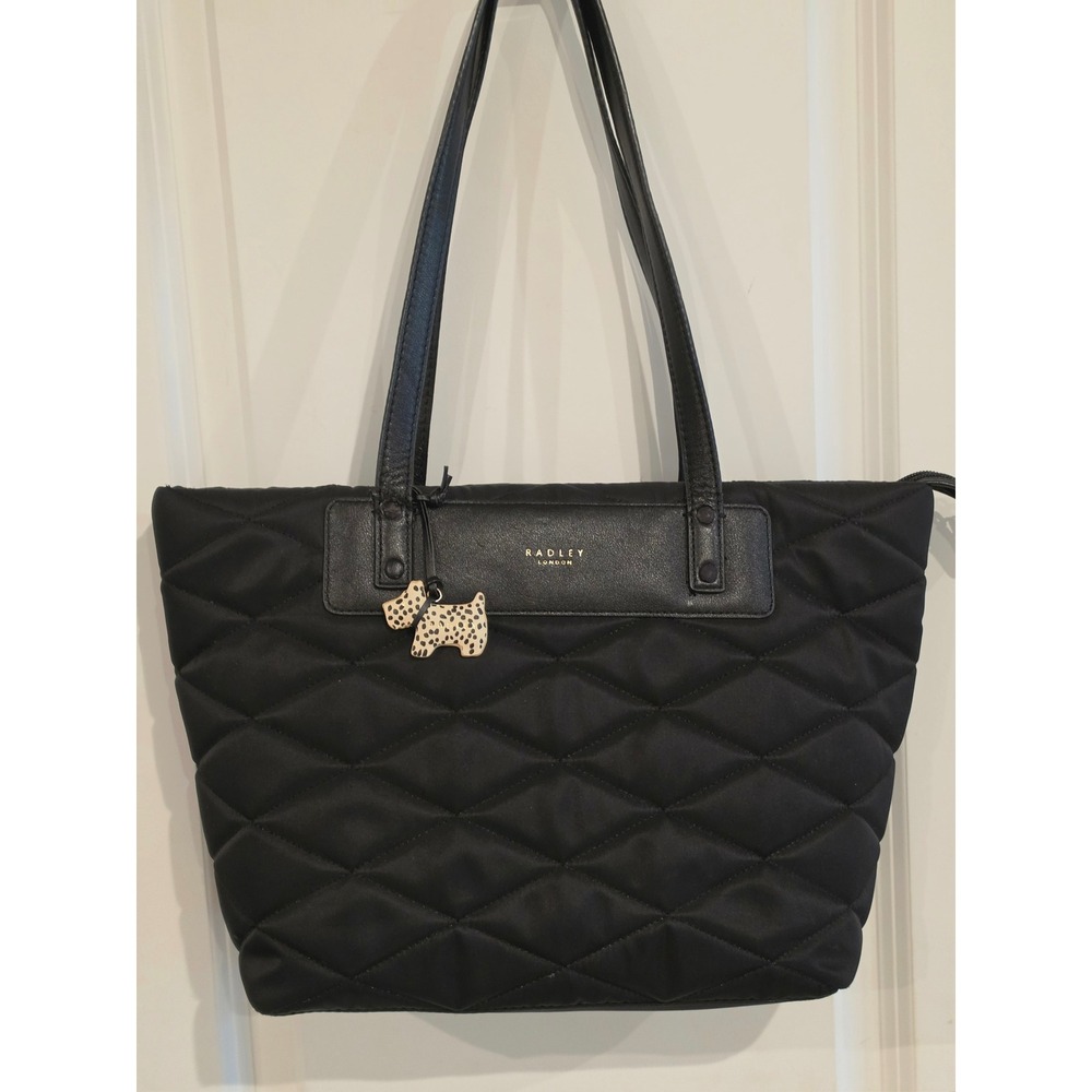 Radley London Black Quilted Nylon Tote Bag Leather Trim Scottie Dog Charm